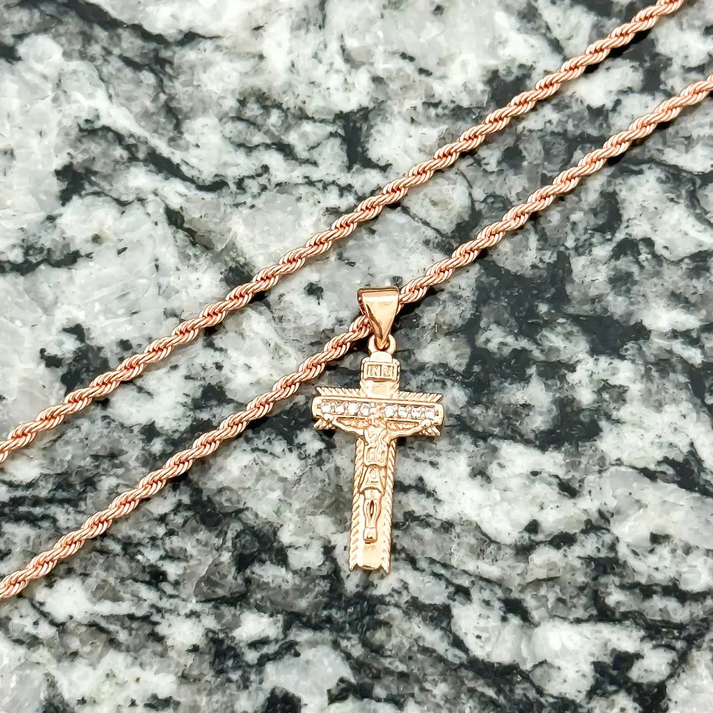 Cadena Oro Rosado Tejido Lazo  60cm-3mm + Cruz Cristo en Oro Laminado 18k