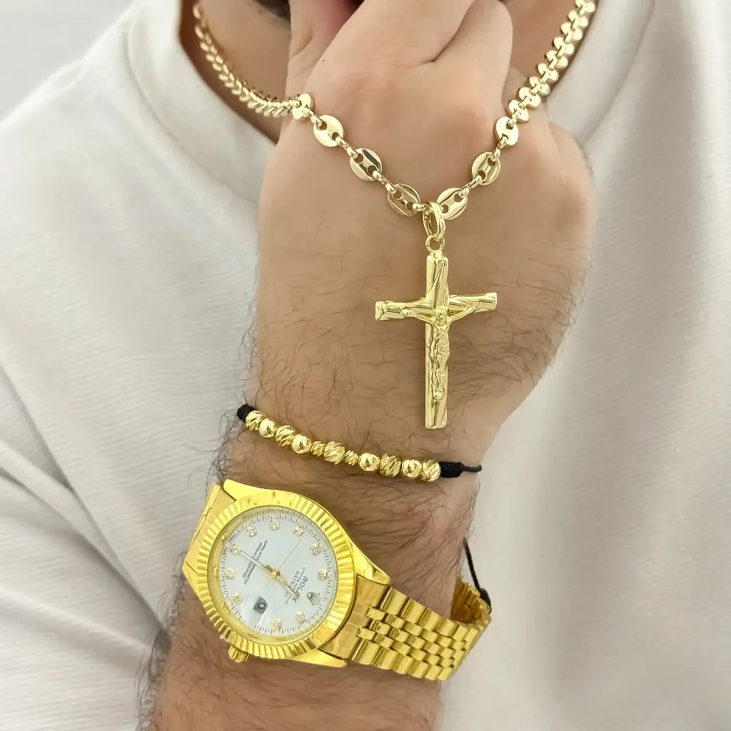 Cadena Tejido Gucci Hombre + Cruz Cristo Madero + Manilla Balin Italiano y liso en Oro Laminado 18k con Garantia de por vida + Reloj Rolex de alta calidad con Garantia