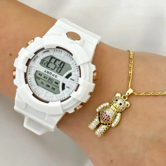 Conjunto de Cadena con Destello 45cm-3mm + Oso Articulado con Circones en Baño de Oro de 14k + Reloj Blanco Smeike de Dama