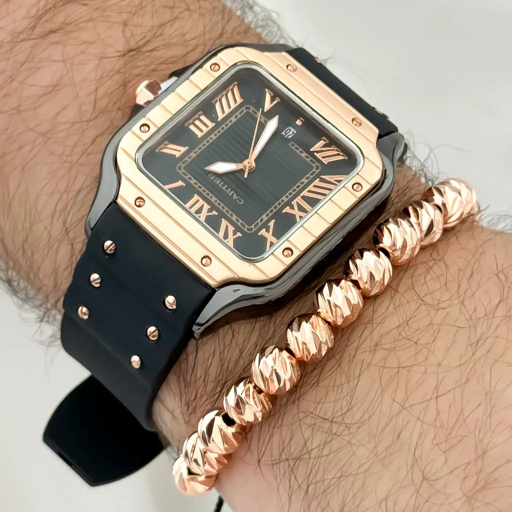RELOJ CARTIER EN ORO ROSA  + PULSERA BALIN ITALIANO EN ORO ROSA 8MM EN BAÑO DE ORO DE 18K