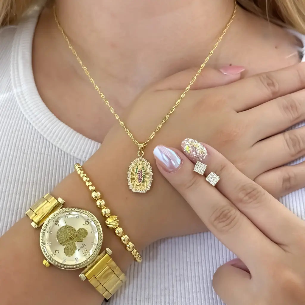 Juego Cadena Tejido Singapur 45cm +  Virgen Guadalupe + Topo Cuadrado con micro Circones + Pulsera Balin 4mm Full en Oro Laminado 18k con Garantia de por vida + Reloj Oso Tous con Garantia