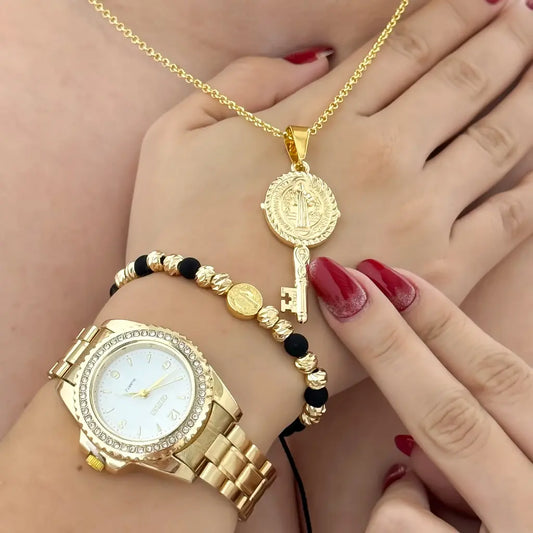 Protege tu Camino con el Amuleto Llaves de San Benito + Manilla San Benito 6mm en Baño de Oro + Reloj Guess con Garantia