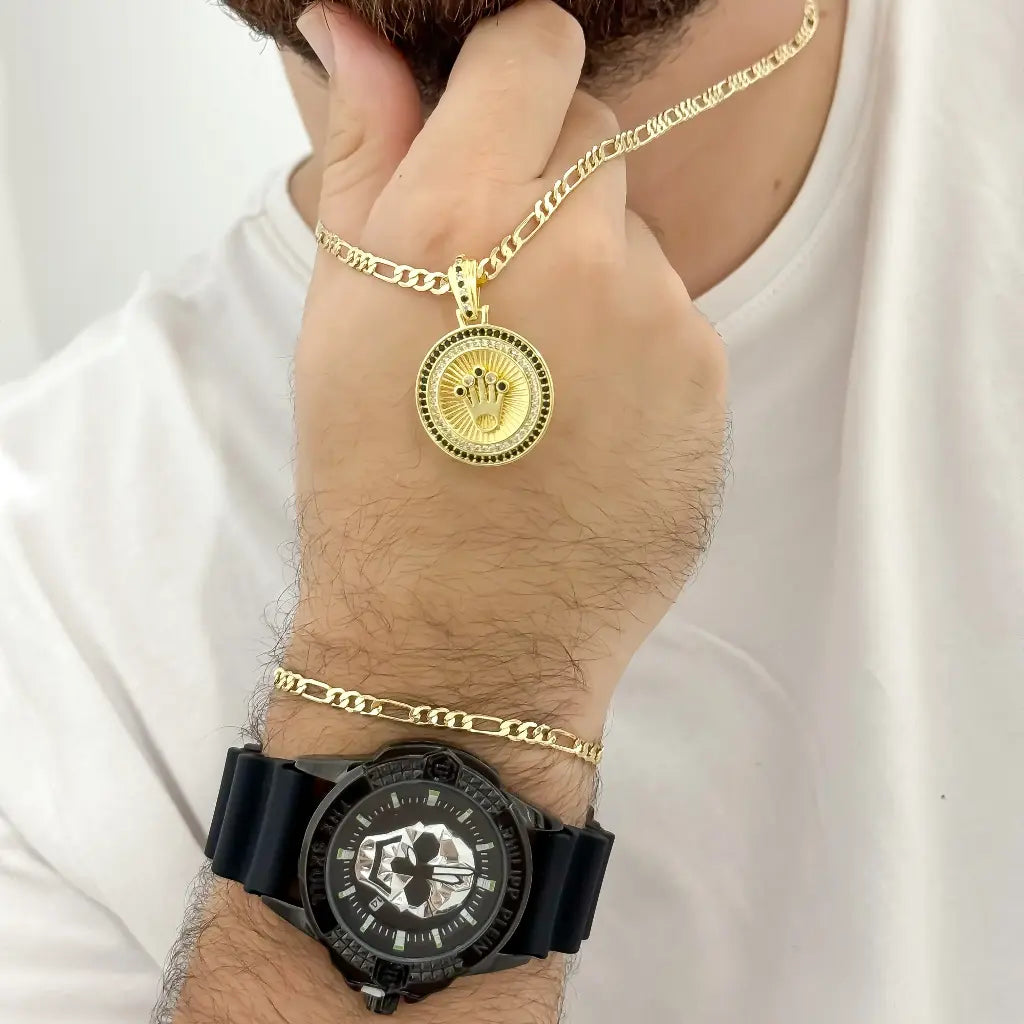 Conjunto Cadena Tejido Cartier 60cm -3mm + Dije de Rolex con Circones  + pulseras 20cm-3mm + Reloj Philippe Plein