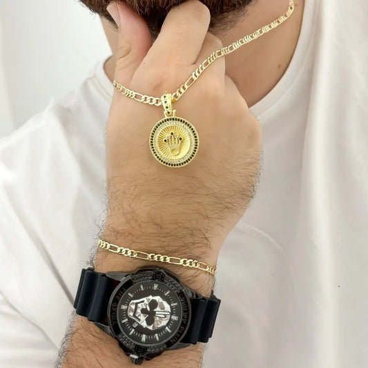 Conjunto Cadena Tejido Cartier 60cm -3mm + Dije de Rolex con Circones  + pulseras 20cm-3mm + Reloj Philippe Plein