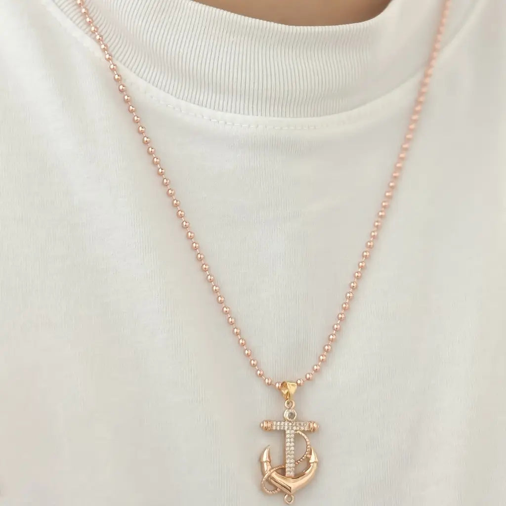 Cadena de Tejido Militar en Oro Rosado + Dije de Ancla en Oro Laminado de 18K con Garantia de por Vida