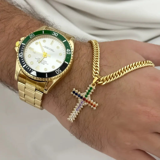 Cadena Cubana Cruzada 60cm gruesa + Cruz Cristo con micro Circones de Colores en Oro laminado 18k con Garantia de por vida + Reloj Rolex vicolor