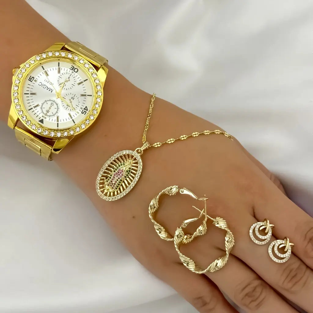Juego para Dama Cadena Tejido Crispeta + Virgen Guadalupe + Juego de candongas + Topos en Oro Laminado 18k + Reloj de Alta Gama con Garantia de por vida