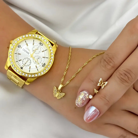 Juego de  Cadena Tejido Singapur + Dije mariposa con Micro circones + Topos Mariposa + circone cristal en Oro laminado 18k + Reloj Magic en con Garantia de por vida
