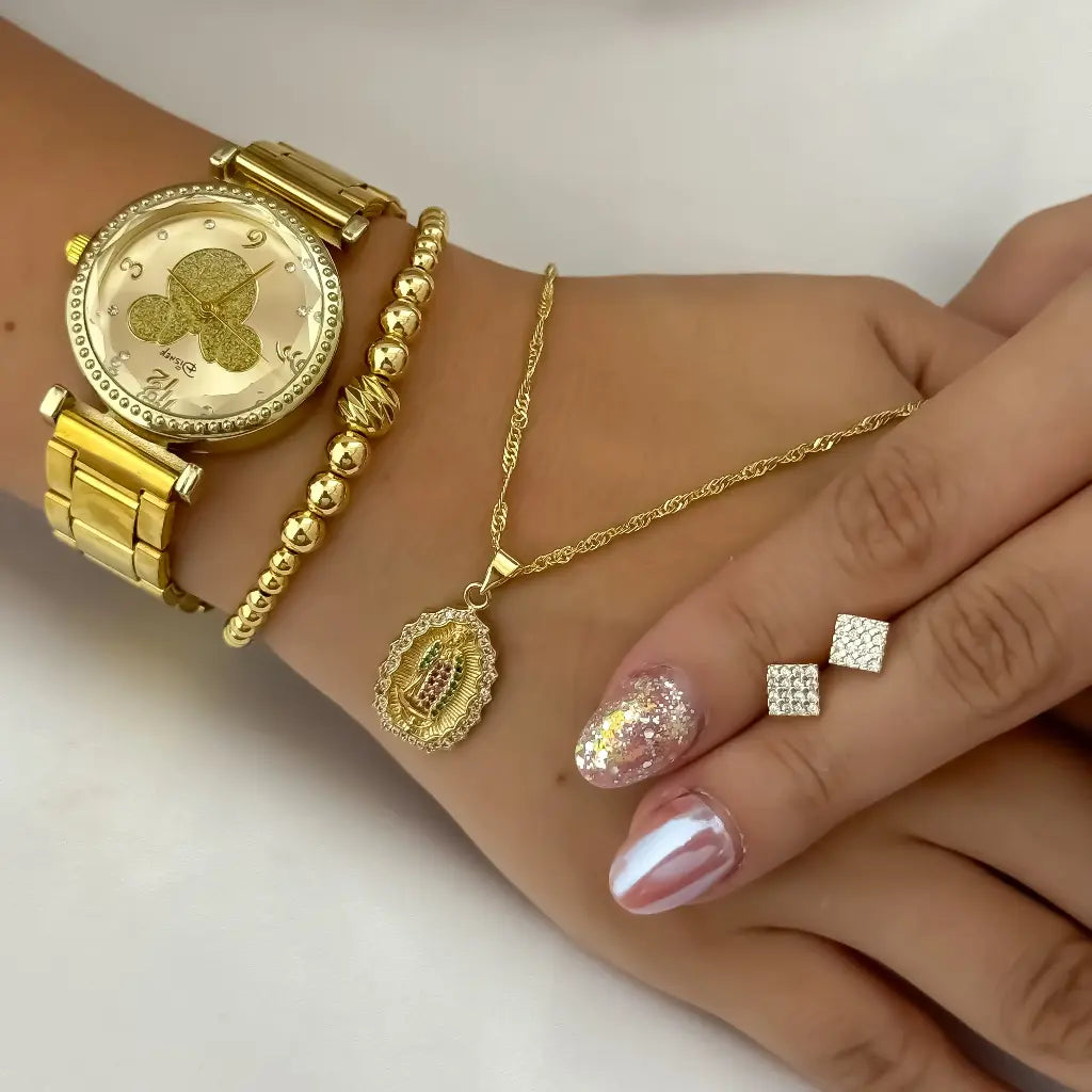 Juego Cadena Tejido Singapur 45cm +  Virgen Guadalupe + Topo Cuadrado con micro Circones + Pulsera Balin 4mm Full en Oro Laminado 18k con Garantia de por vida + Reloj Oso Tous con Garantia