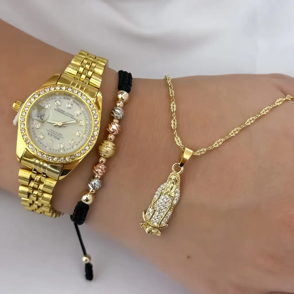 Cadena Tejido Crispeta de Dama 45cm + Virgen guadalupe con Circones + Pulsera de 3 Oros Balin italaino  en Oro laminado 18k + Reloj de Dama Rolex con Micro circones con Garantia de por vida
