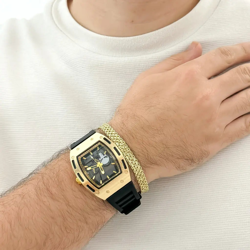 Reloj RICHAR MILLE en Color Amarillo + Esclava Tejido Chino 5mm de Grosor en Baño de Oro de 18k