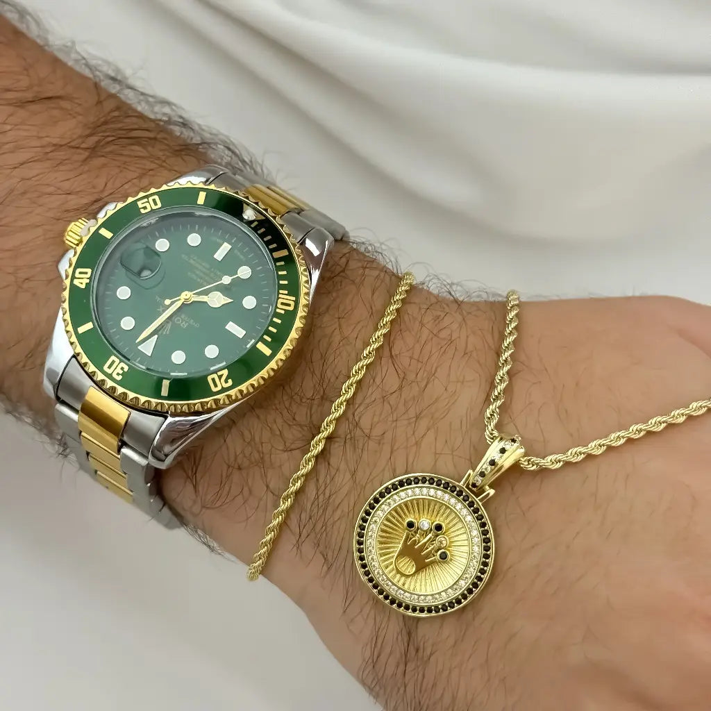Juego Rolex para Caballero Cadena Lazo + Dije Corona Rolex con micro Circones + Pulsera lazo en Oro Laminado 18k + Reloj Rolex de Alta Gama en Oro Laminado 18k con Garantia de por vida