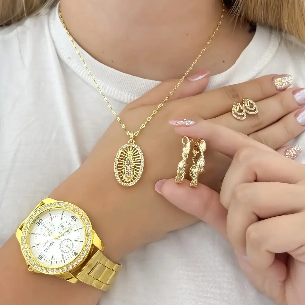 Juego para Dama Cadena Tejido Crispeta + Virgen Guadalupe + Juego de candongas + Topos en Oro Laminado 18k + Reloj de Alta Gama con Garantia de por vida