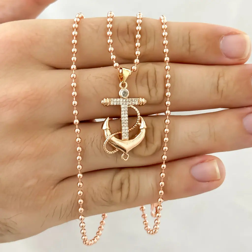 Cadena de Tejido Militar en Oro Rosado + Dije de Ancla en Oro Laminado de 18K con Garantia de por Vida