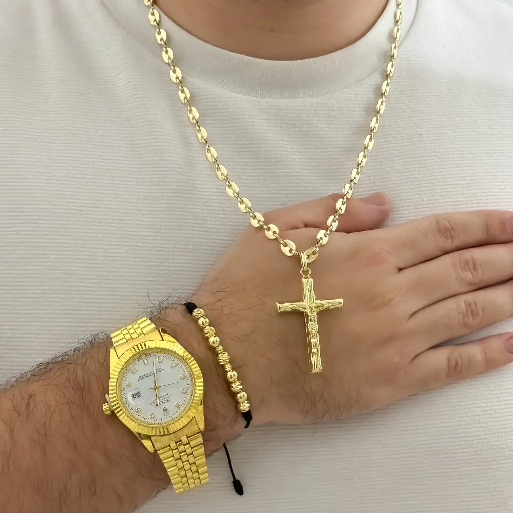 Cadena Tejido Gucci Hombre + Cruz Cristo Madero + Manilla Balin Italiano y liso en Oro Laminado 18k con Garantia de por vida + Reloj Rolex de alta calidad con Garantia