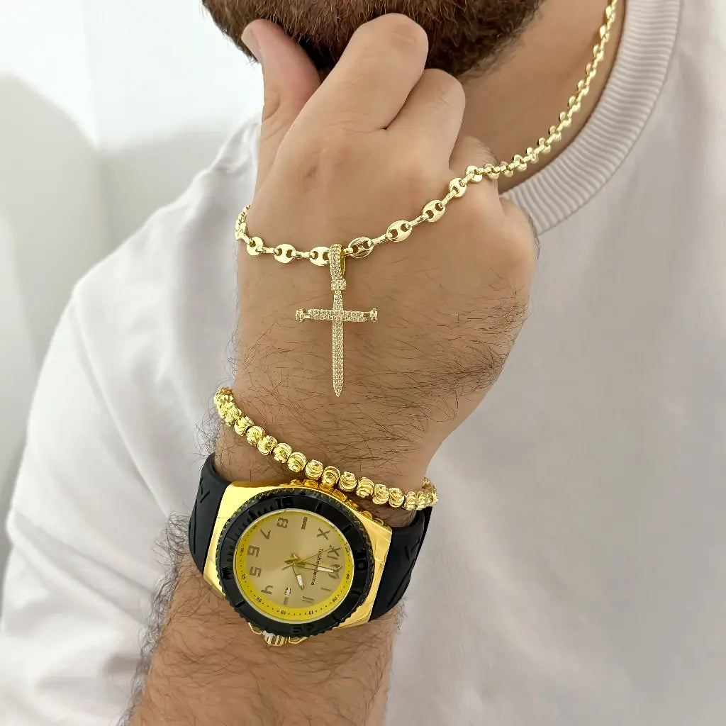 Cadena Tejido Gucci 60cm + Dije Cruz Clavo + Pulsera Balin Italiano 6mm + Reloj Technomarine con Garantia