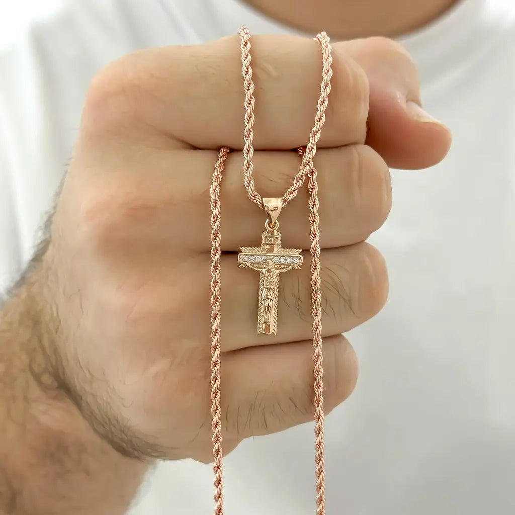 Cadena Oro Rosado Tejido Lazo  60cm-3mm + Cruz Cristo en Oro Laminado 18k