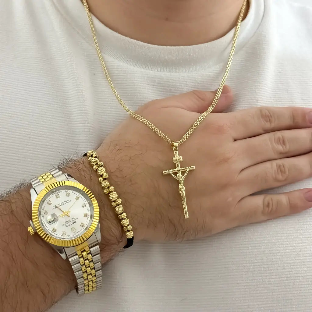 Cadena Tejido Chino Hombre 60cm + Cruz Madero Proteccion + Pulsera Balin Italiana 4mm de Grosor en Oro laminado 18k con Garantia de por vida + Reloj  Rolex de de Alta Calidad con Garantia