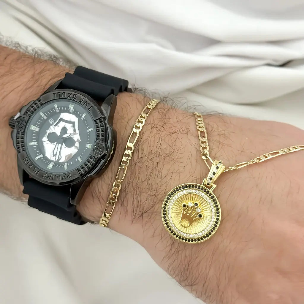 Conjunto Cadena Tejido Cartier 60cm -3mm + Dije de Rolex con Circones  + pulseras 20cm-3mm + Reloj Philippe Plein