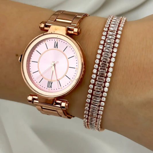 RELOJ PARA DAMA EN ORO ROSA +PULSERA TENNIS CON CIRCONES ORO ROSA EN  BAÑO DE ORO 18K CON GARANTIA