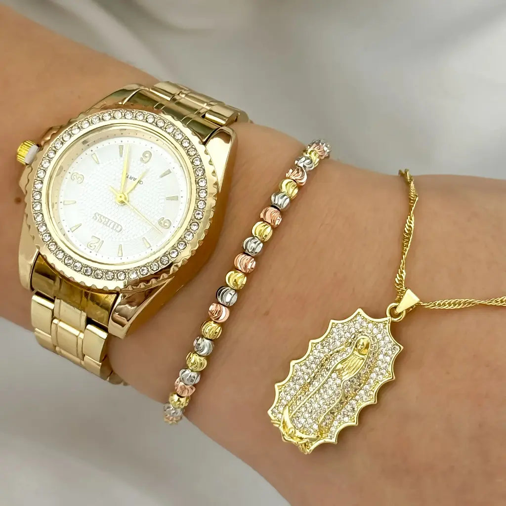 Juego de Cadena Tejido Singapur + Virgen Guadalupe con Circones + Pulsera Balin 4mm balin Italiano en 3 Oros en Baño de Oro 18k + Reloj Guess con Garantia