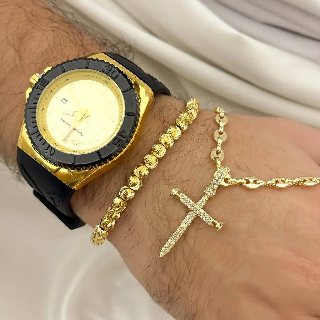 Cadena Tejido Gucci 60cm + Dije Cruz Clavo + Pulsera Balin Italiano 6mm + Reloj Technomarine con Garantia