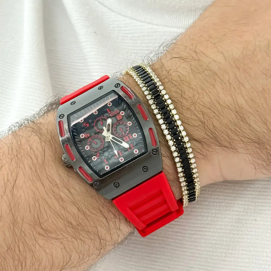 RELOJ RICHAR MILLE + PULSERA TENNIS NEGRO EN BAÑ0 DE ORO DE 18K CON GARANTIA DE POR VIDA