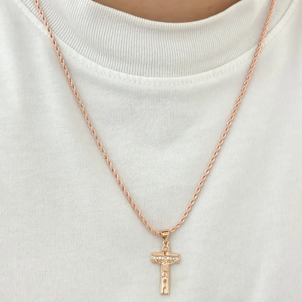Cadena Oro Rosado Tejido Lazo  60cm-3mm + Cruz Cristo en Oro Laminado 18k