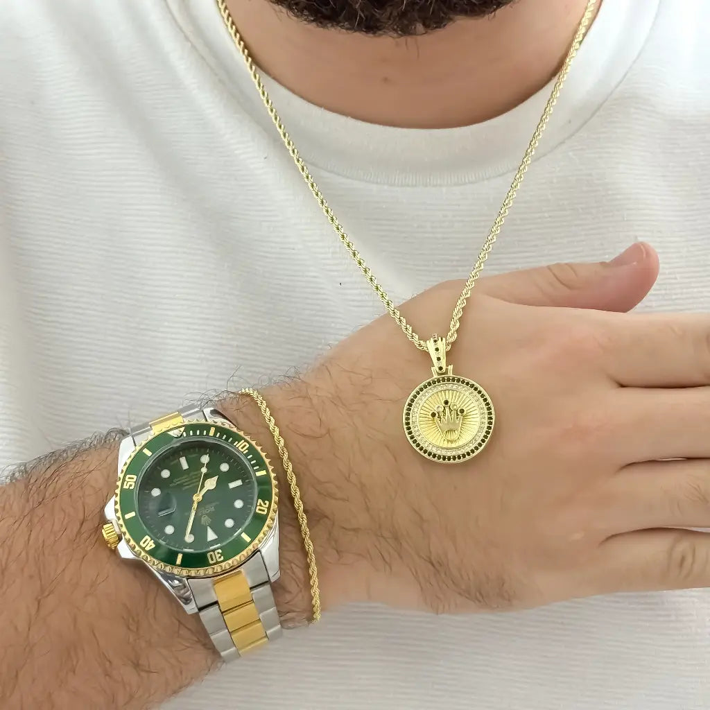 Juego Rolex para Caballero Cadena Lazo + Dije Corona Rolex con micro Circones + Pulsera lazo en Oro Laminado 18k + Reloj Rolex de Alta Gama en Oro Laminado 18k con Garantia de por vida