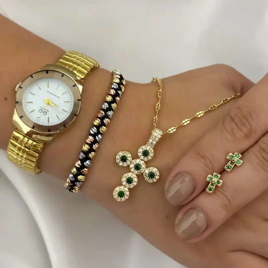 Juego para Dama Cadena Tejido Crispeta + Cruz Verde Esmeralda + Topo Verde + Pulsera Balin Italiano 4mm de 3 Oros en Oro Laminado 18k con Garantia de por vida + Reloj Q&Q