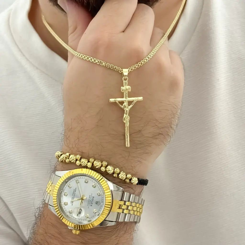 Cadena Tejido Chino Hombre 60cm + Cruz Madero Proteccion + Pulsera Balin Italiana 4mm de Grosor en Oro laminado 18k con Garantia de por vida + Reloj  Rolex de de Alta Calidad con Garantia