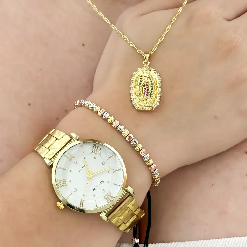 Cadena Tejido Singapur 45cm + Virgen Guadalupe + Pulsera 3 Oros  Balin Italiano 4mm en Baño de Oro de 18k con Garantia de por vida + Reloj Casio  con Garantia