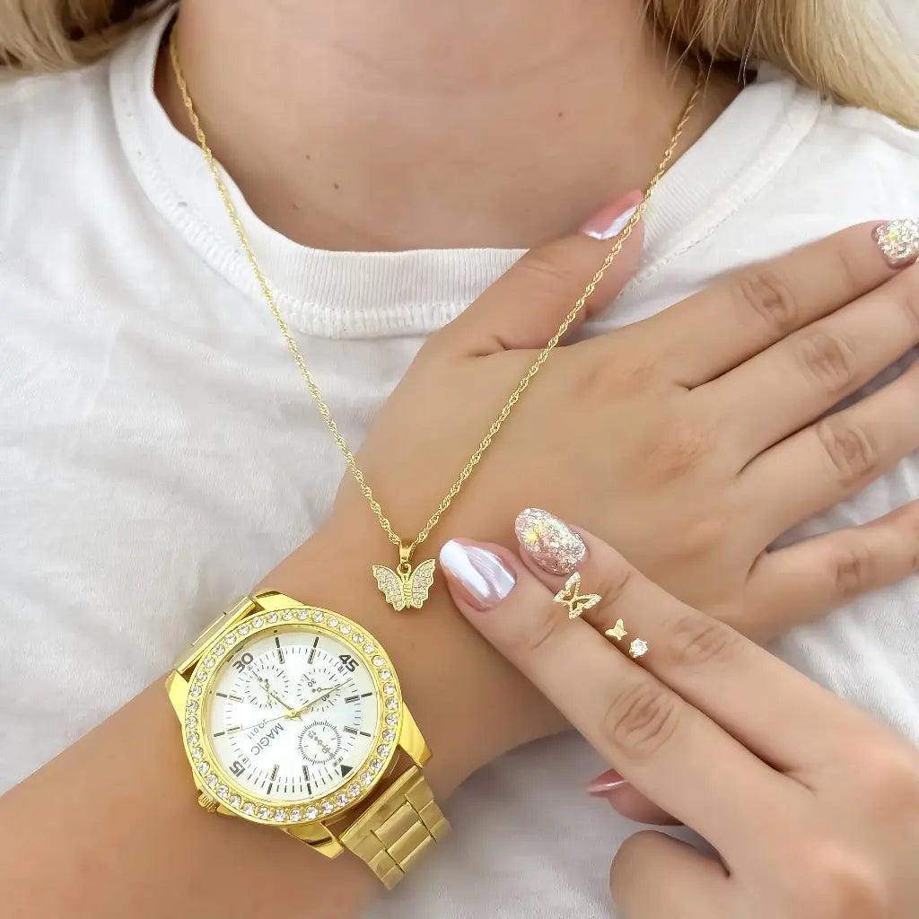 Juego de  Cadena Tejido Singapur + Dije mariposa con Micro circones + Topos Mariposa + circone cristal en Oro laminado 18k + Reloj Magic en con Garantia de por vida