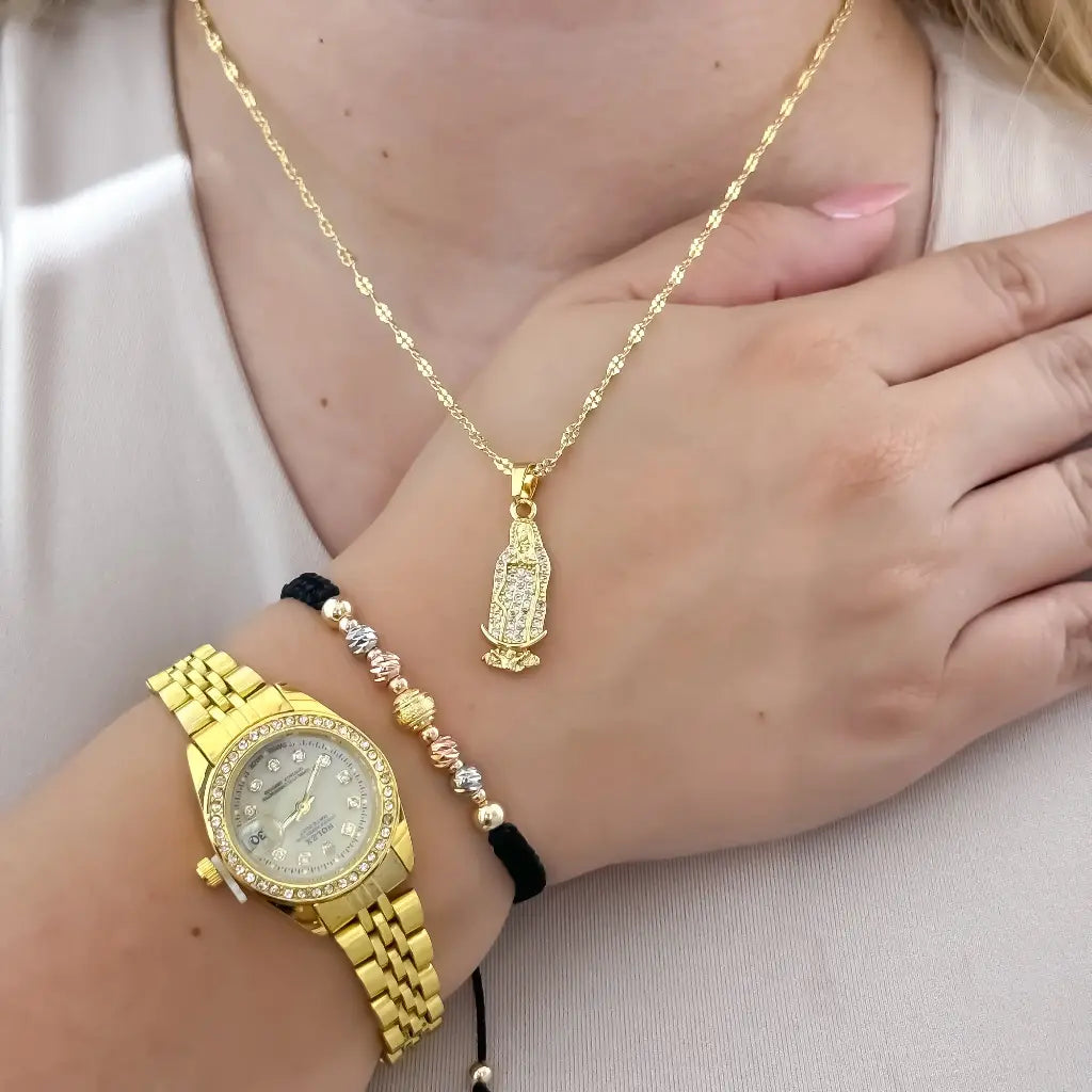 Cadena Tejido Crispeta de Dama 45cm + Virgen guadalupe con Circones + Pulsera de 3 Oros Balin italaino  en Oro laminado 18k + Reloj de Dama Rolex con Micro circones con Garantia de por vida