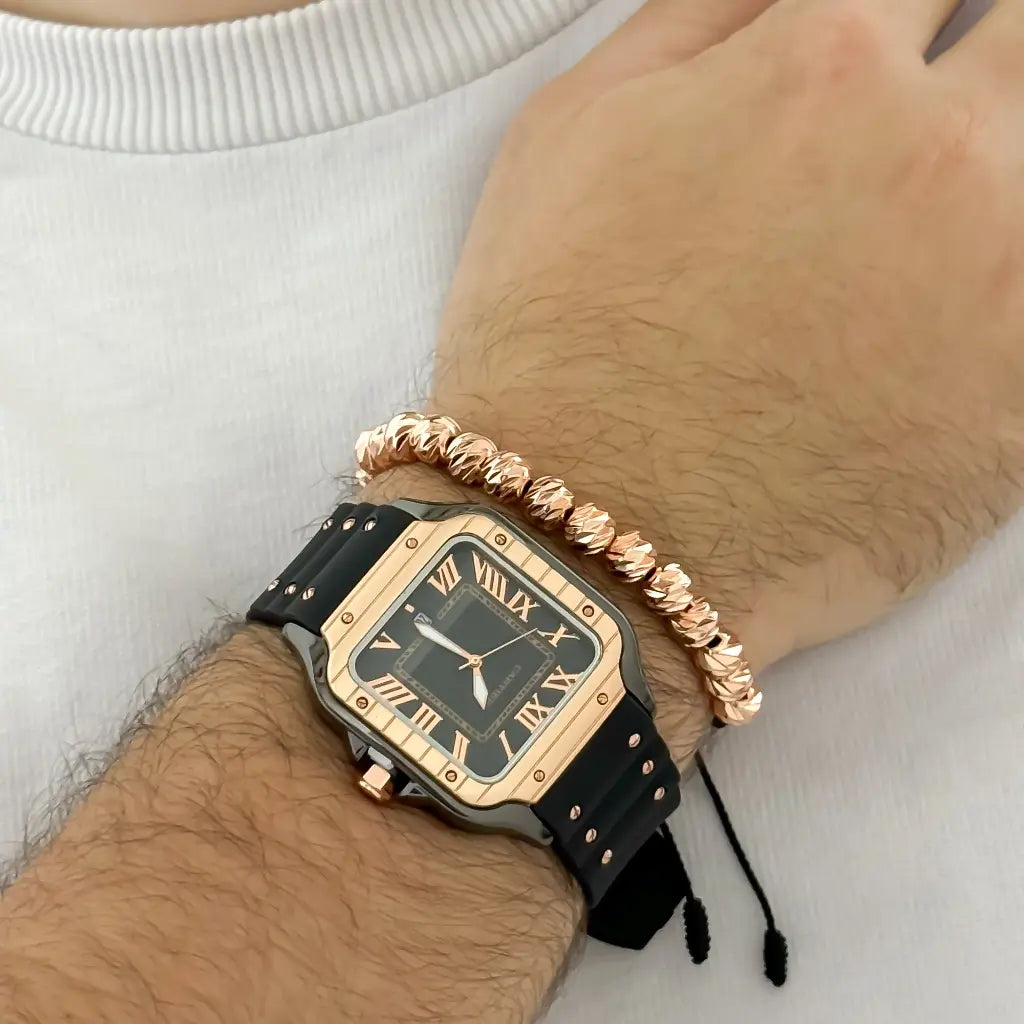 RELOJ CARTIER EN ORO ROSA  + PULSERA BALIN ITALIANO EN ORO ROSA 8MM EN BAÑO DE ORO DE 18K