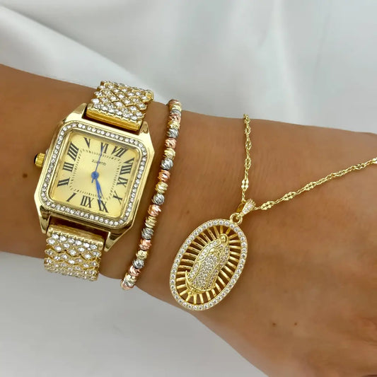 Juego de Cadena Crispeta+ Virgen Guadalupe con Circones + Pulsera de 3 oros 4mm Balin italiano 3 oro + Reloj tipo Catier de alta cama ama en baño de oro con garantia