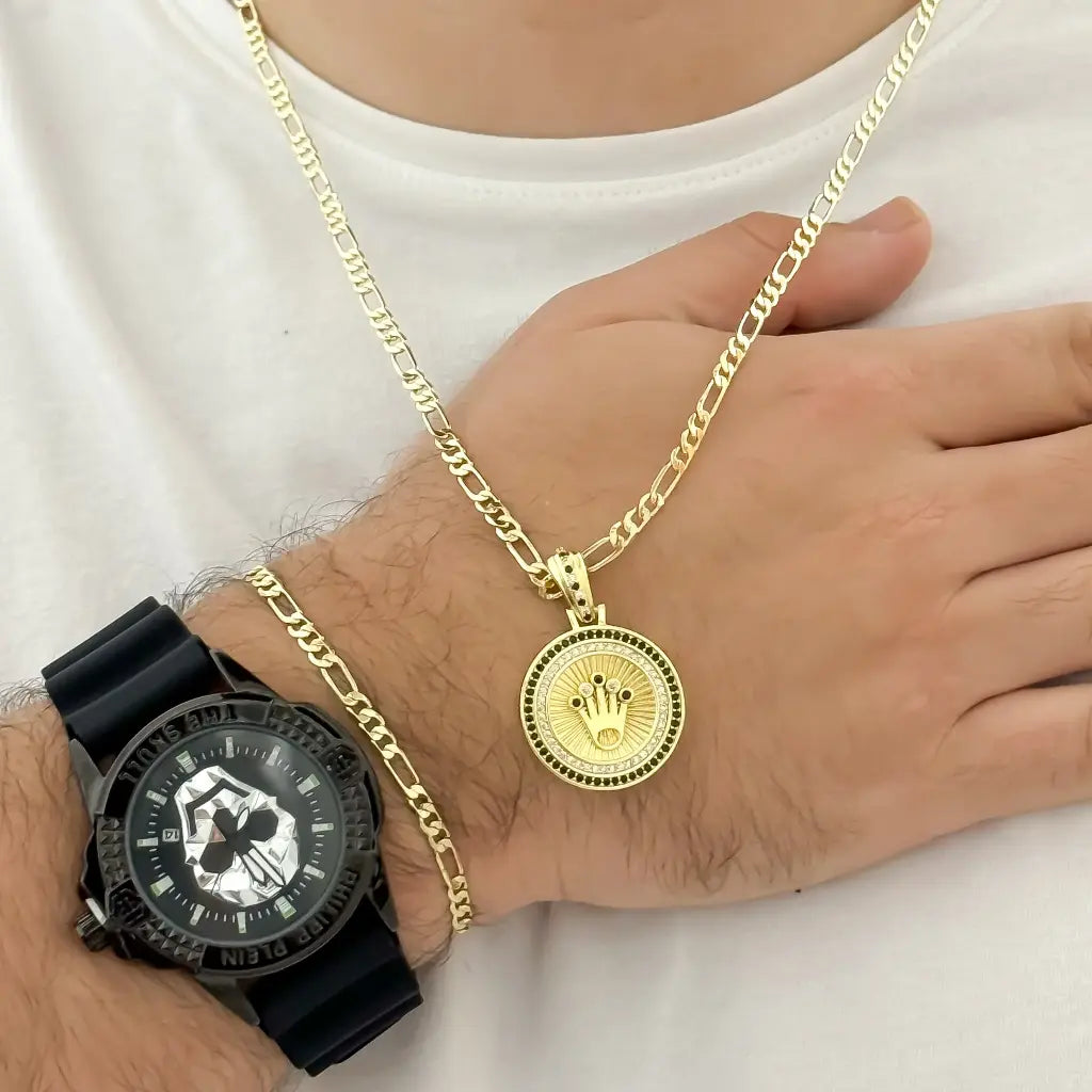 Conjunto Cadena Tejido Cartier 60cm -3mm + Dije de Rolex con Circones  + pulseras 20cm-3mm + Reloj Philippe Plein