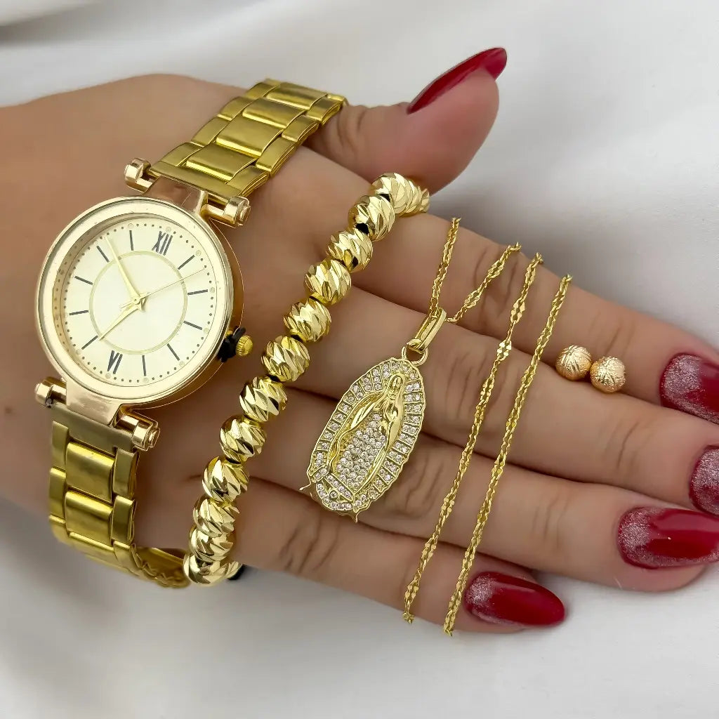 Juego de Cadena Tejido Crispeta  + Virgen Guadalupe con Circones +Topo Balin de 5mm  + Pulsera Balin 5mm Italiano en Baño de Oro + Reloj  de Alta Calidad  con Garantia