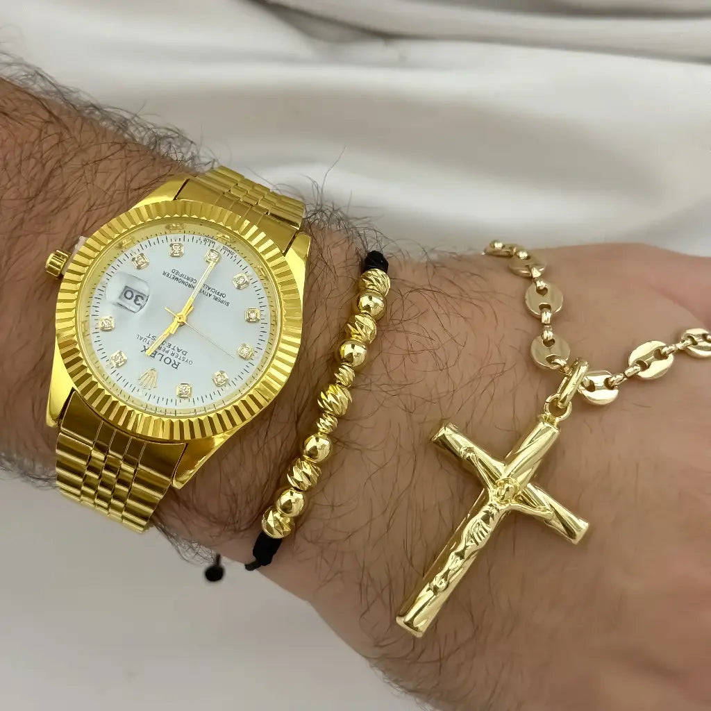 Cadena Tejido Gucci Hombre + Cruz Cristo Madero + Manilla Balin Italiano y liso en Oro Laminado 18k con Garantia de por vida + Reloj Rolex de alta calidad con Garantia