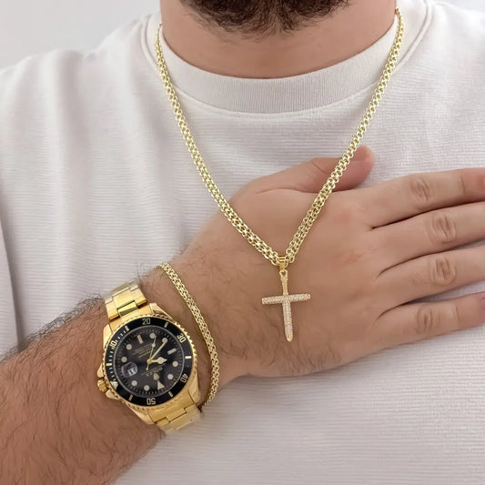 Cadena Tejido Chino de Hombre de 60cm de 4mm de Grosor + Cruz Cristo Clavo con piedras Cristales + Pulsera china de 20cm en Oro Laminado 18k con Garantia de por vida + Reloj Rolex de Alta Gama Replica 1.1 con Garantia de por vida