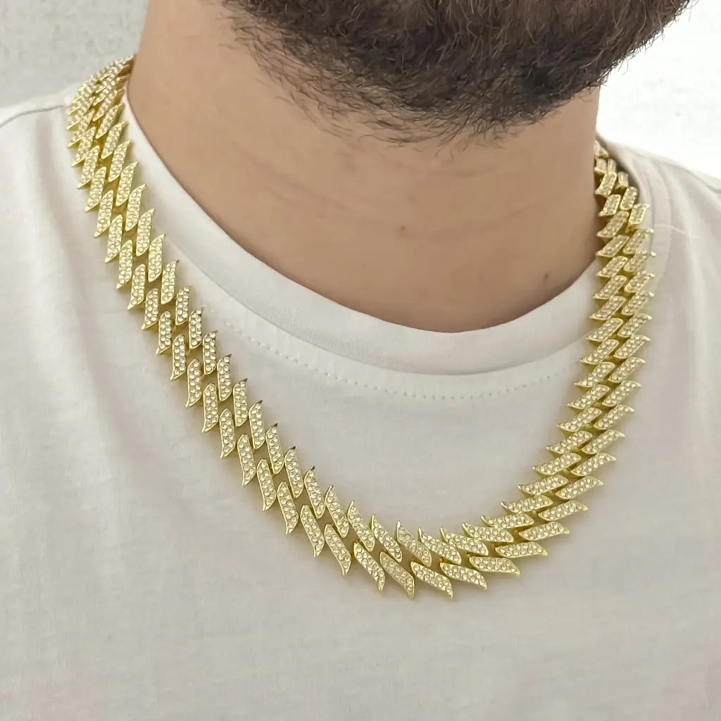 Cadena Cubana Gruesa 60 cm - 10 mm Diamantada con Circones en Baño de Oro 18K