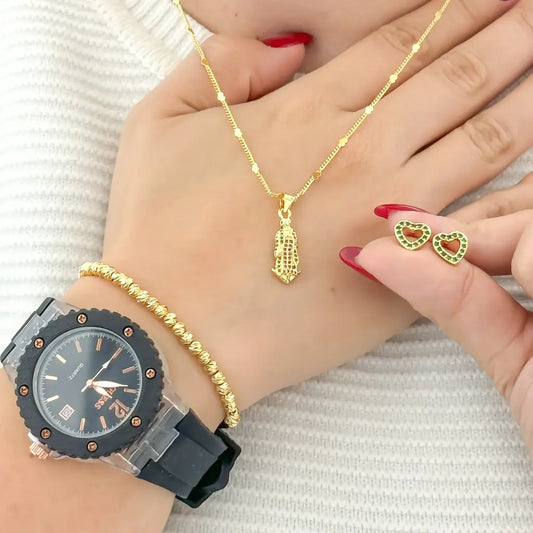 Conjunto cadena Tejido Cubana Corazón  + Virgen Guadalupe Circones de Colores + Pulsera Balin 4mm + Topos Corazon Verde en baño de oro de 18k + Reloj de Dama Guess Con Garantia